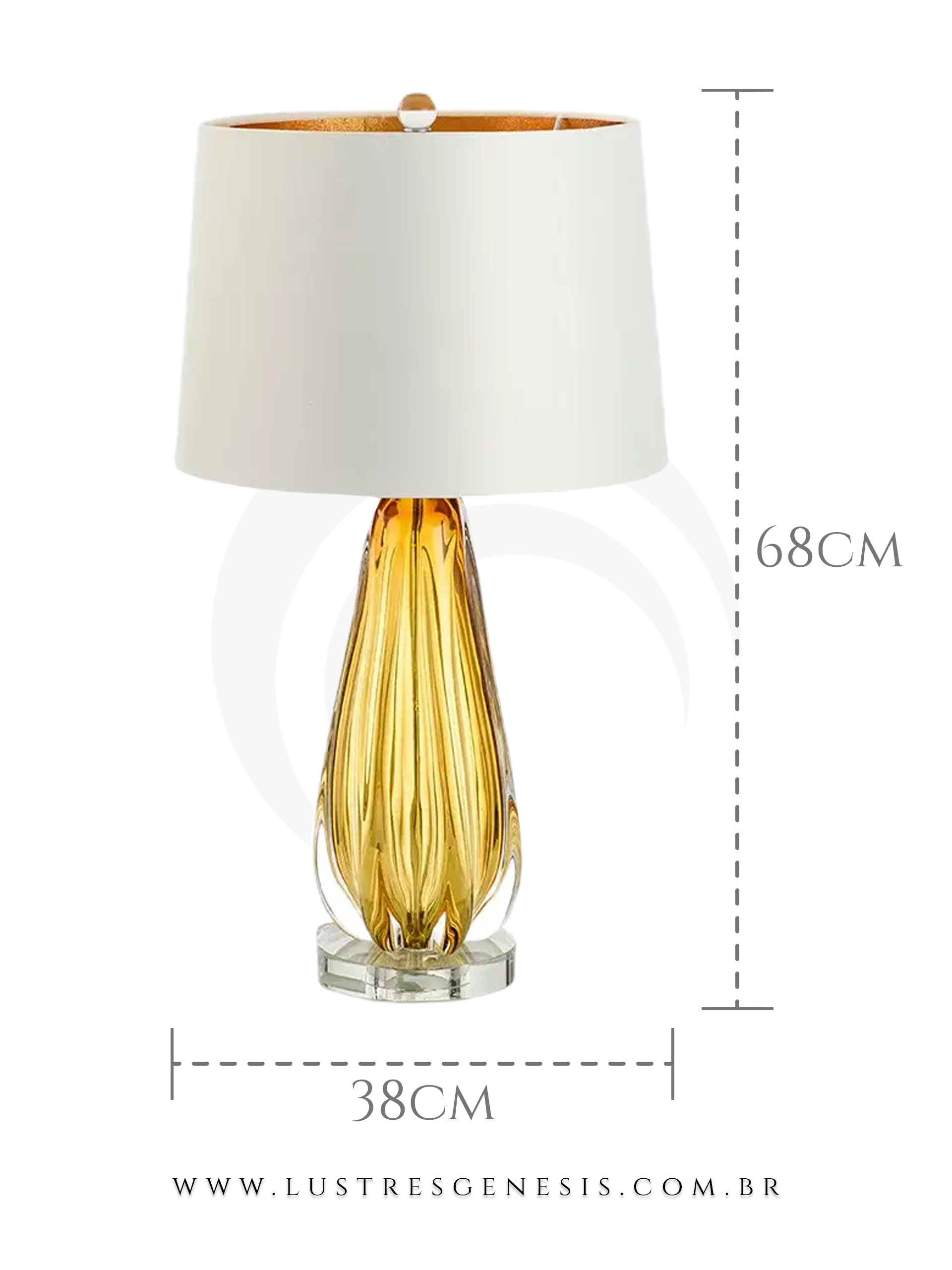 Abajur Roma com base de vidro dourado e cúpula branca, ideal para quartos e escritórios, produto Lux Lustres.